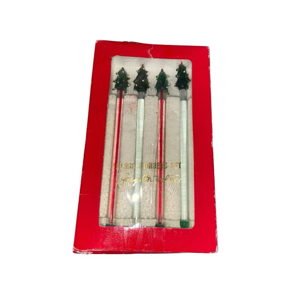 GEORGES BRIARD HAND BLOWN GLASS SET OF 4 CHRISTMAS TREES SWIZZLE STICKS STIRRERS